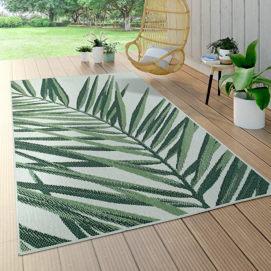 Outdoor Rug Green Beige with Palm Leaf Pattern for Patio Terrace Flat Weave - RugYourHome