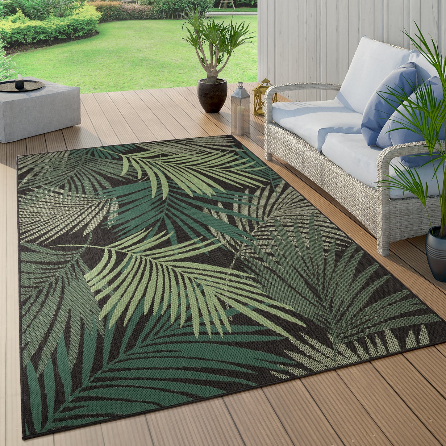 Outdoor Rug Ostende Tropical Palm Leaves - Black Green