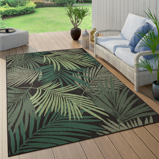 Outdoor Rug Ostende Tropical Palm Leaves - Black Green