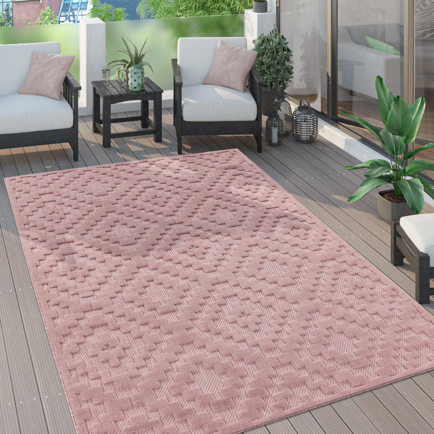 Indoor Outdoor Rug Livorno Trellis High-Low Pattern In Pink