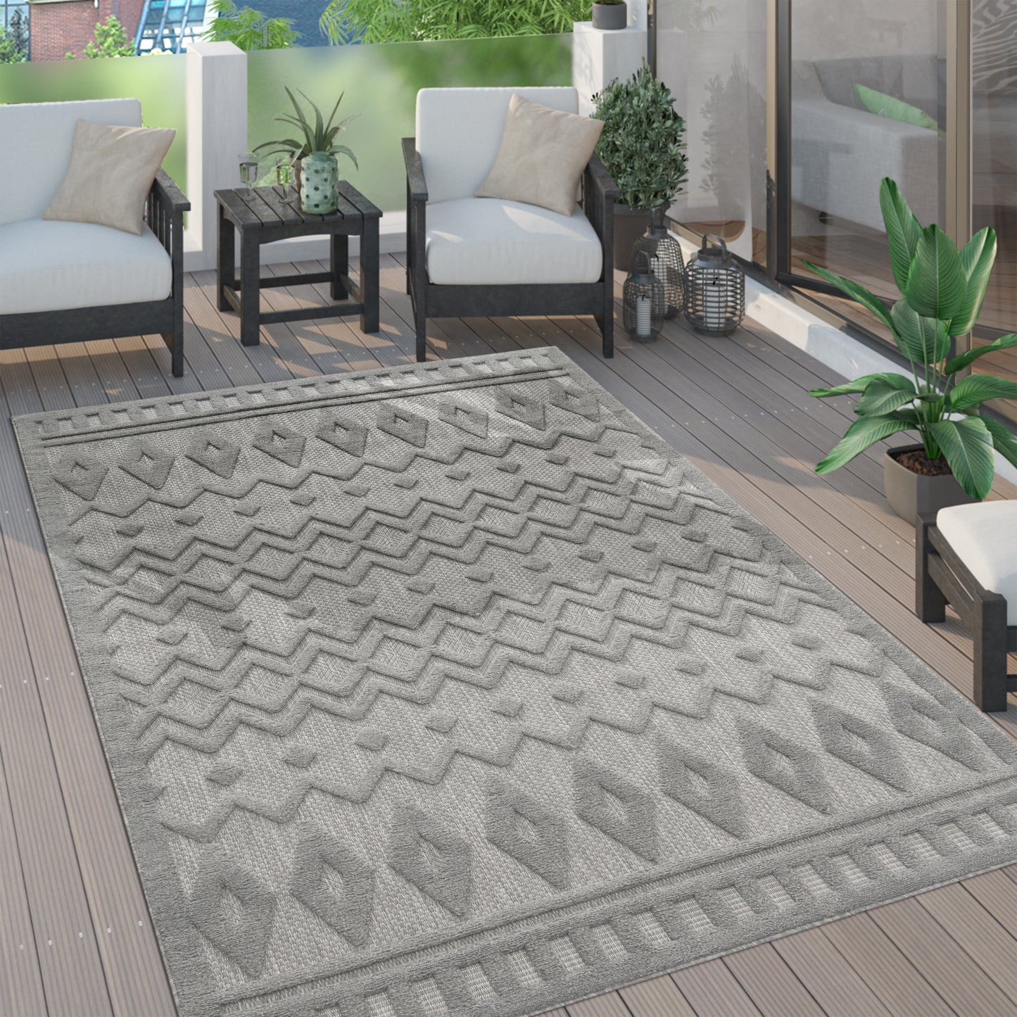 Indoor Outdoor Rug Livorno Geometric Trellis Pattern In Grey