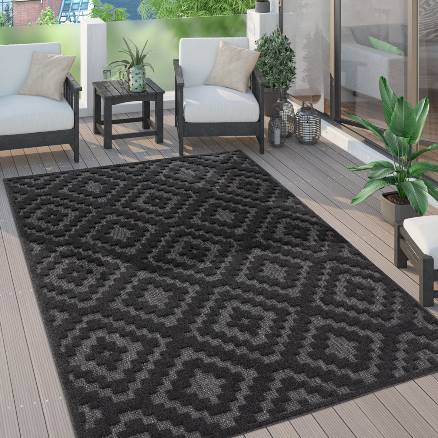 Indoor Outdoor Rug Livorno Trellis High-Low Pattern In Anthracite