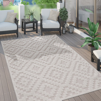 Indoor Outdoor Rug Livorno Trellis High-Low Pattern In Cream