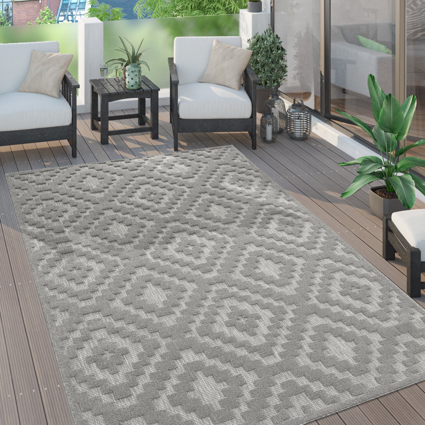 Indoor Outdoor Rug Livorno Trellis High-Low Pattern In Grey