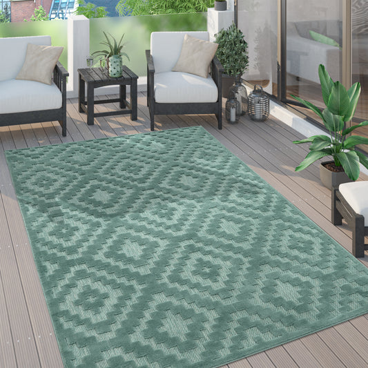 Indoor Outdoor Rug Livorno Trellis High-Low Pattern In Turquoise