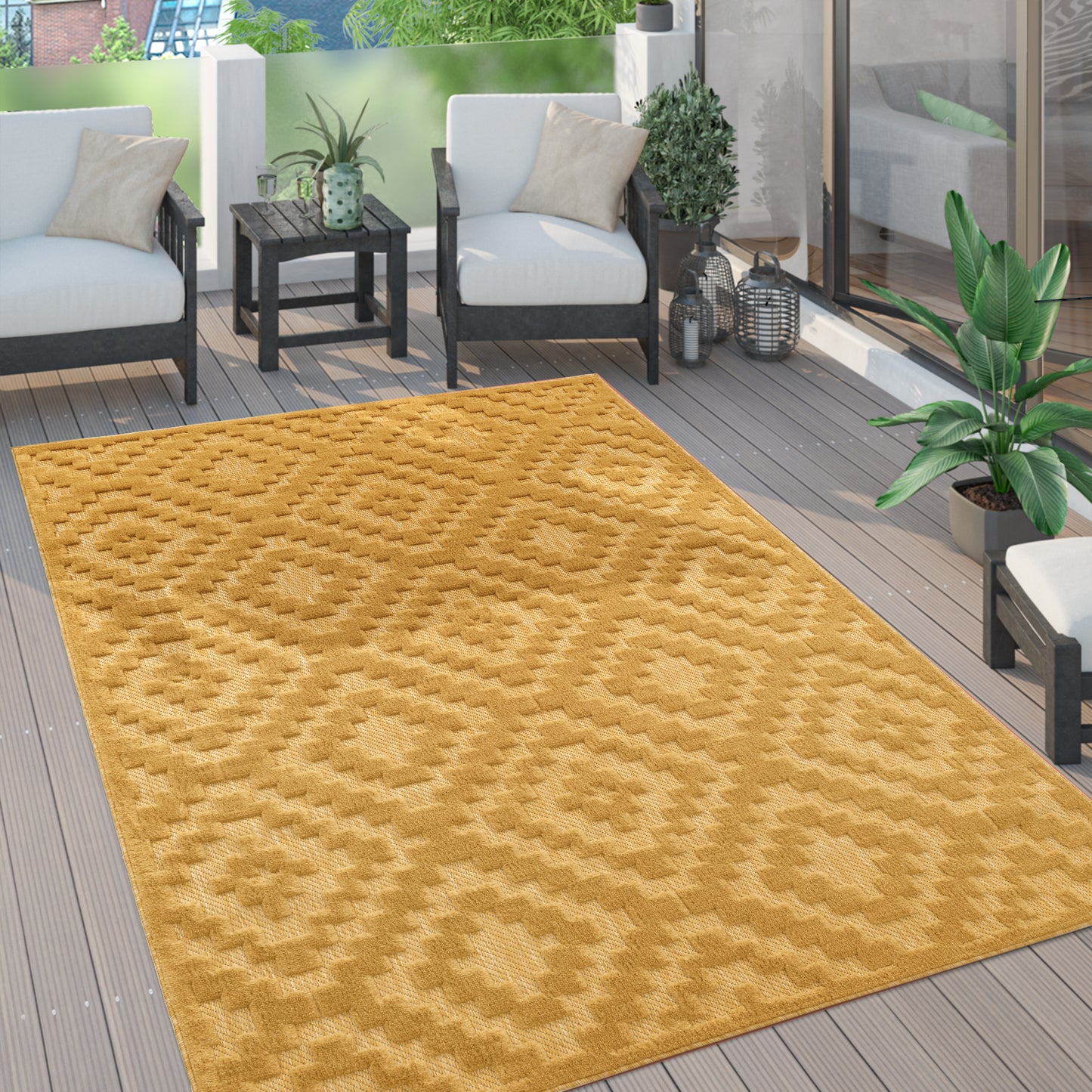 Indoor Outdoor Rug Livorno Trellis High-Low Pattern In Yellow