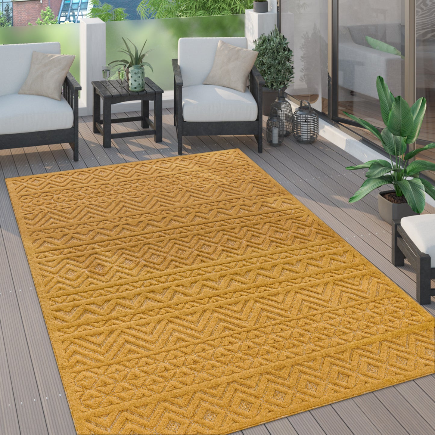 Indoor Outdoor Rug Livorno Boho High-Low Pattern In Yellow