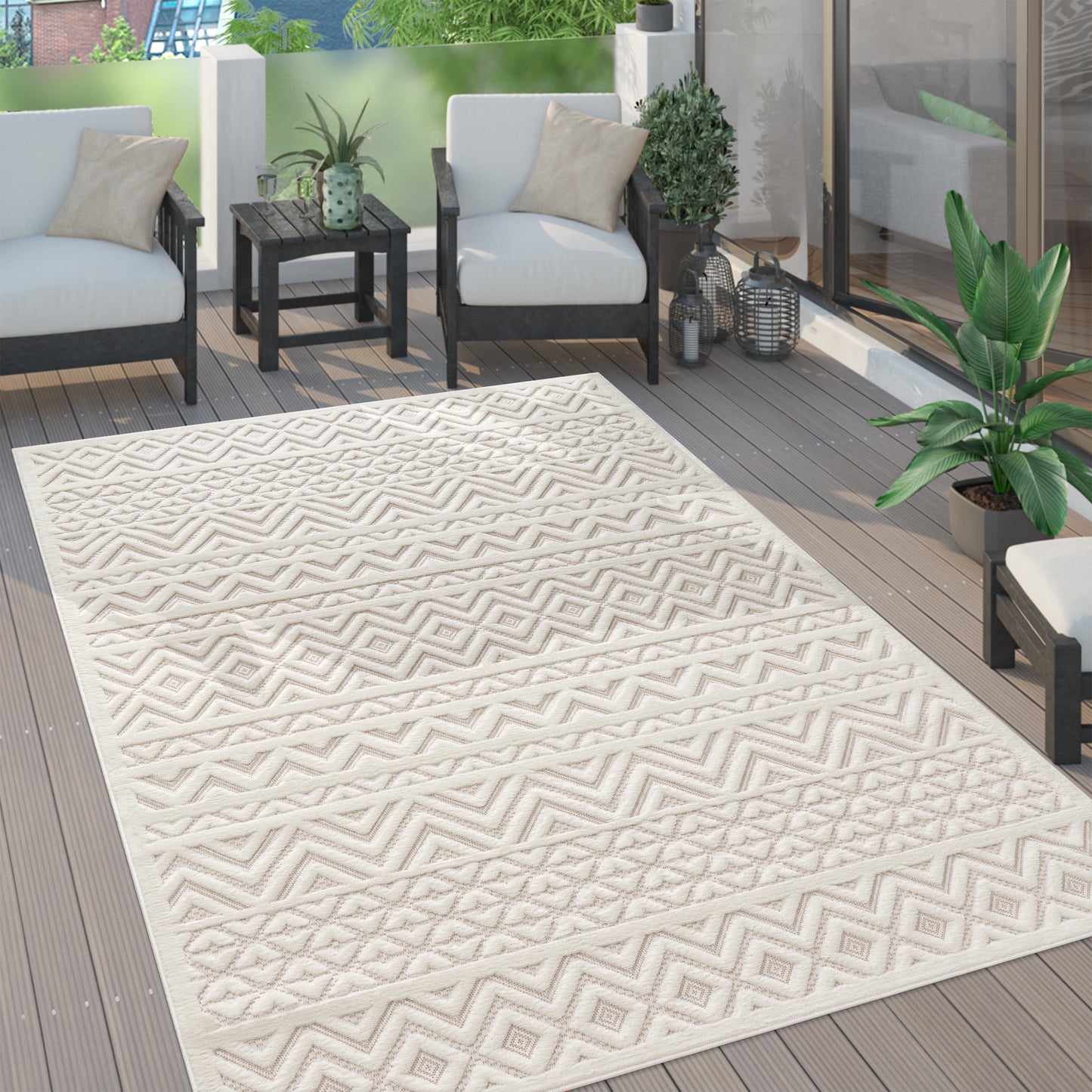 Indoor Outdoor Rug Livorno Boho High-Low Pattern In Cream