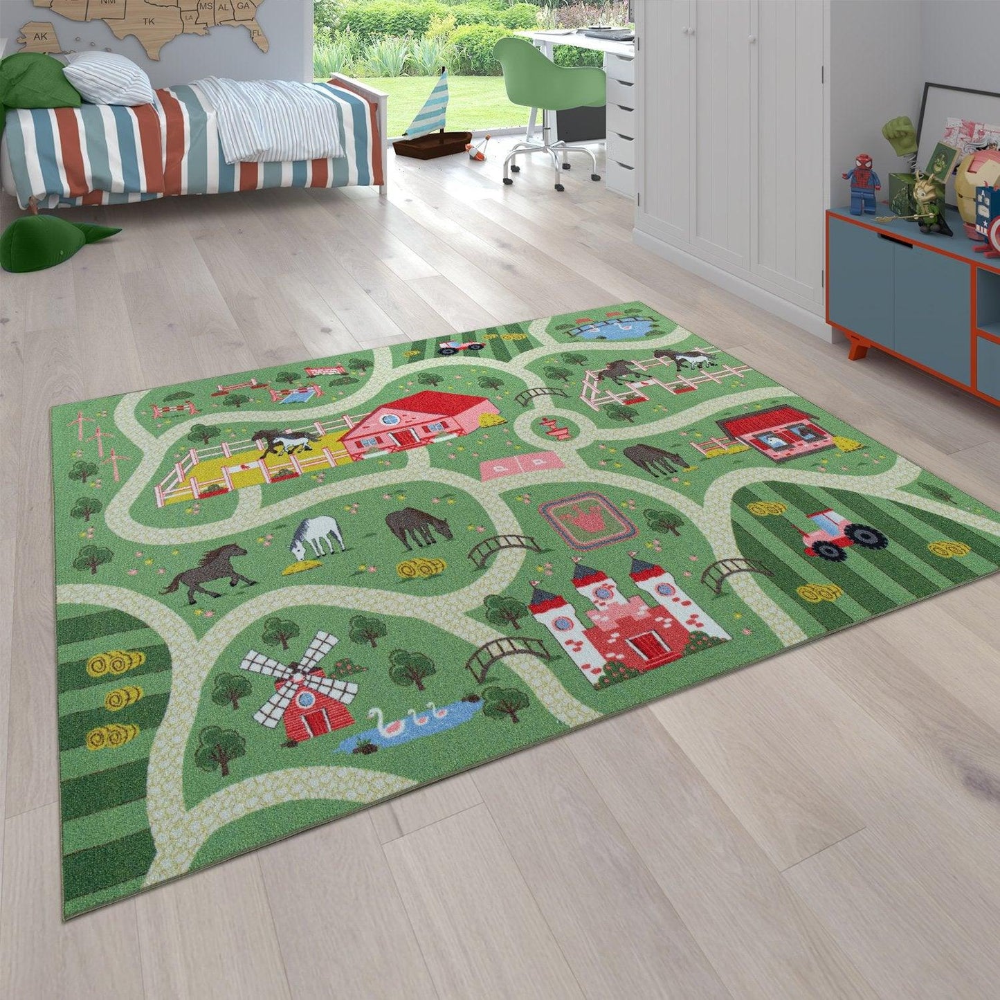 Play Rug for Kids Rooms, Landscape and Horses in green - RugYourHome