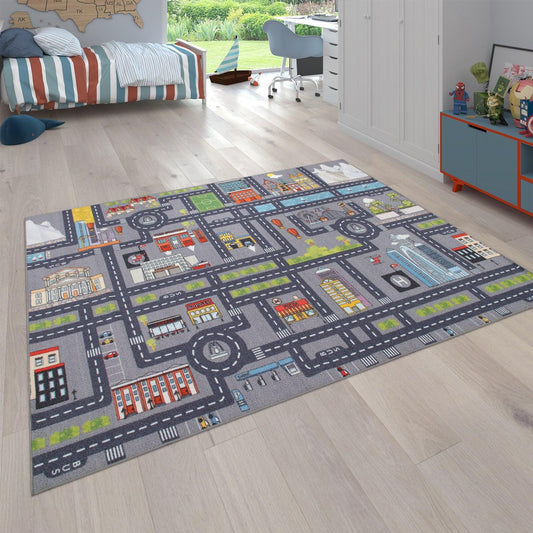 Play Rug for Nursery Cars Roads City Motife for Child's Room in Grey - RugYourHome