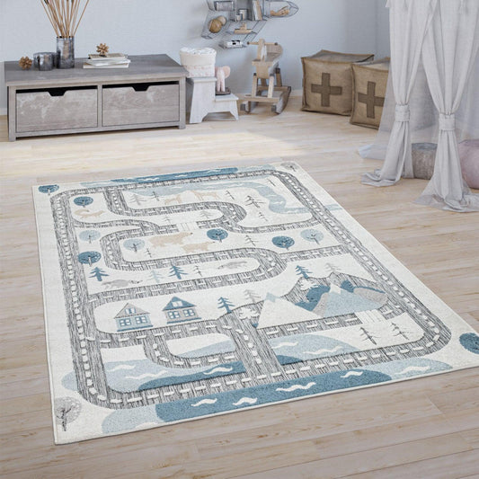 Road Traffic Kids Rug with Forest Animals and Sea Play Mat in muted Cream - RugYourHome