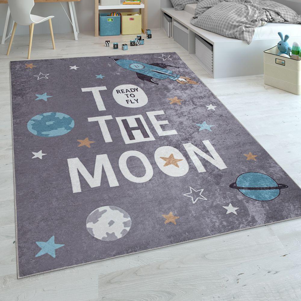 Rocket Rug for Kids Moon Sky Motif with Text in Grey - RugYourHome