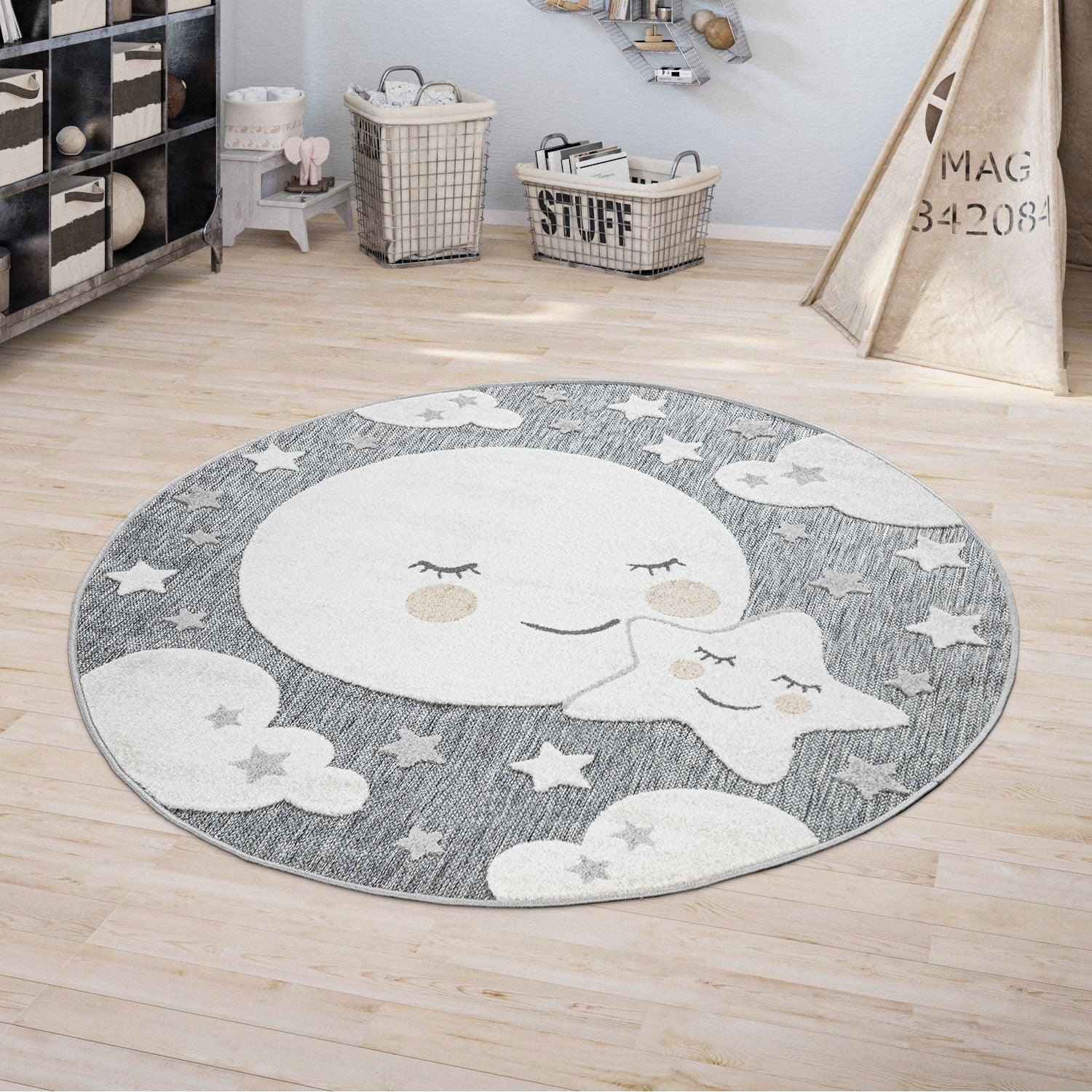 Round Kids Rug Tweet Cuddling Moon & Stars in the Night Sky in Mottled Grey - RugYourHome