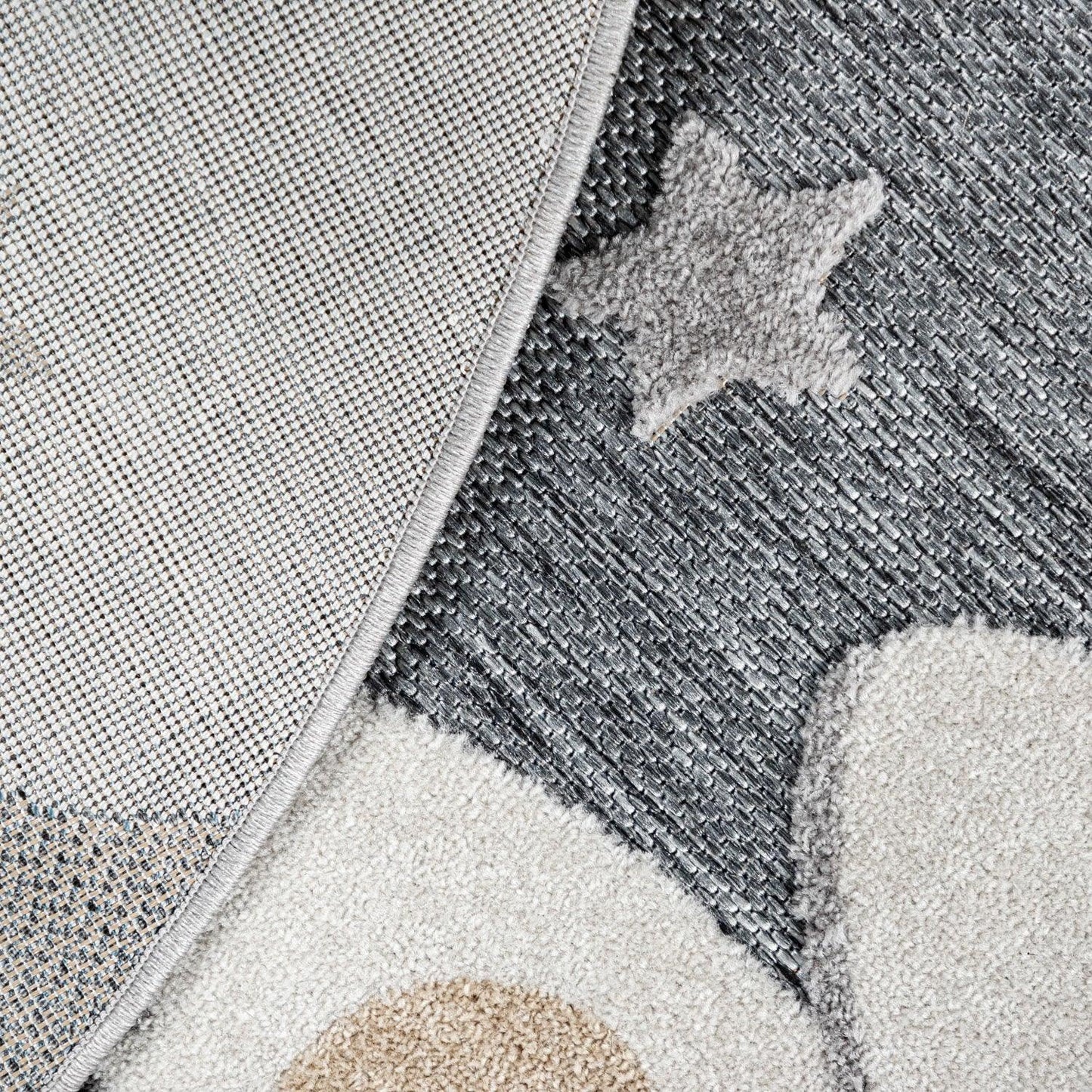 Round Kids Rug Tweet Cuddling Moon & Stars in the Night Sky in Mottled Grey - RugYourHome