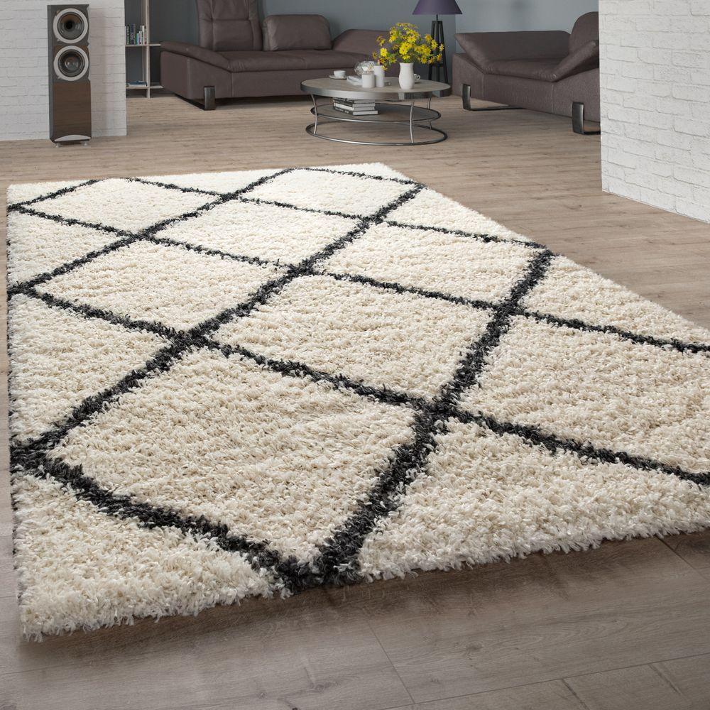 Shag Rug Cream with Diamond Pattern Scandi Design - RugYourHome