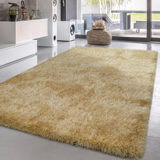Shag Rug High Pile In Gold For Bedroom & Living Room Fluffy Glossy Pastel Yarn - RugYourHome