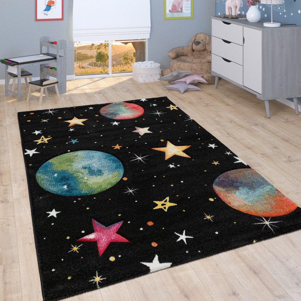 Space Kids Area Rug with colorful Planet Earth and Stars Universe in Black - RugYourHome
