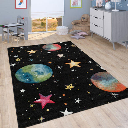 Space Kids Area Rug with colorful Planet Earth and Stars Universe in Black - RugYourHome