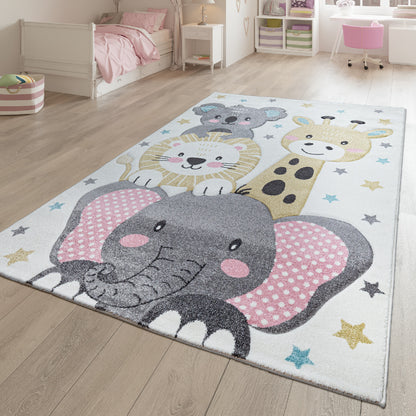 Kids Rug Elaya for Nursery Happy Animals in Cream Pastel