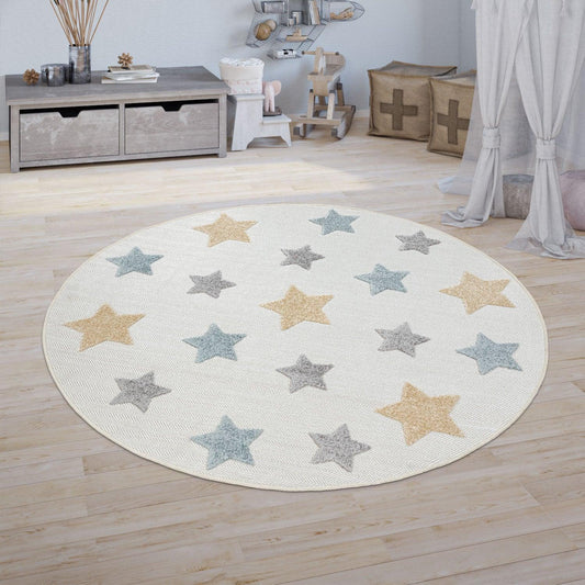 Stars Kids Rug Modern Low-Pile Play Mat Pastel Colored Stars in Cream - RugYourHome