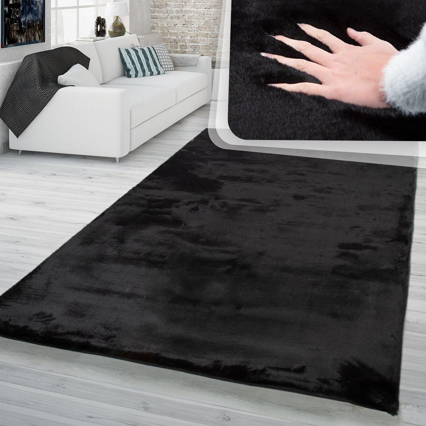 Super Soft Area Rug Fluffy High Pile Cosy Luxurious Touch in Solid Black - RugYourHome