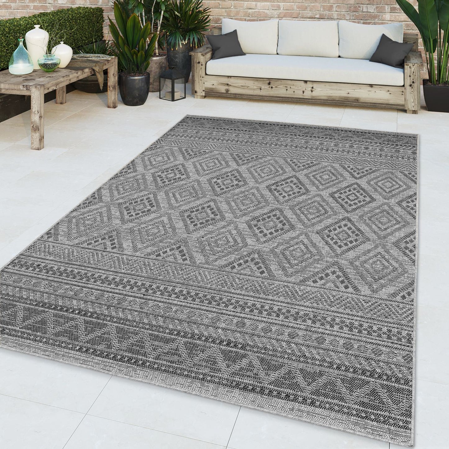 Outdoor Rug Vermont Boho Diamond Pattern - Dark Grey