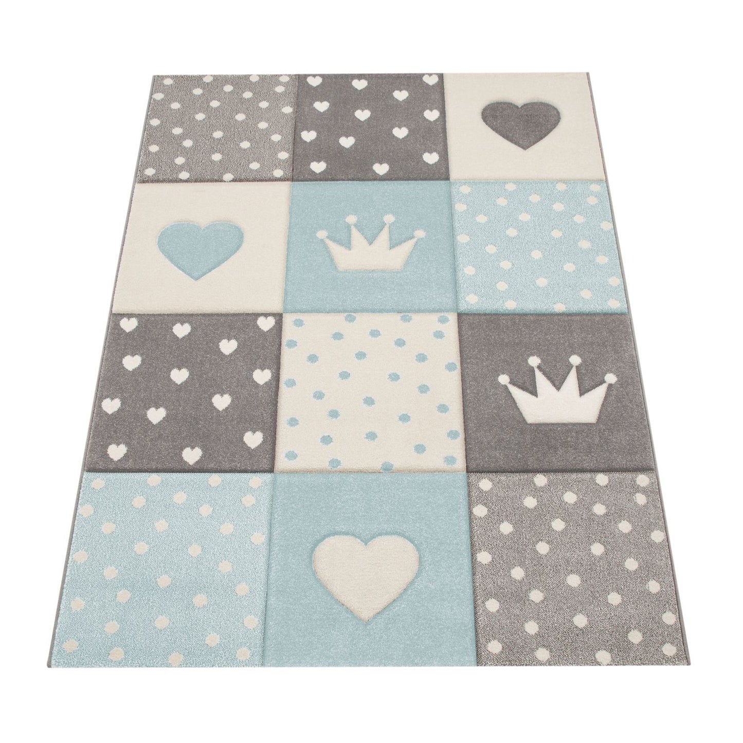 Kids Rug Checked Dots Hearts & Crowns in Pastel Blue Grey