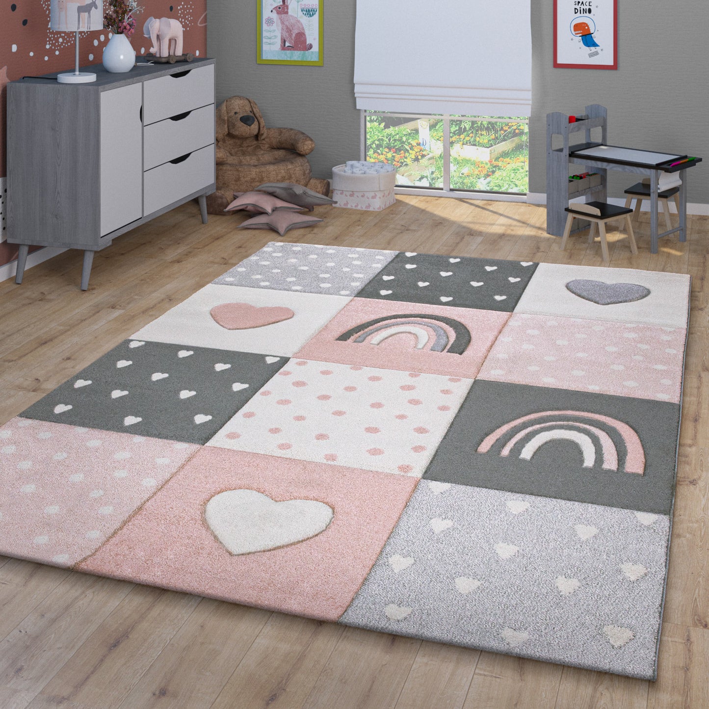 Kids Rug Cosmo Checkered with Rainbows & Hearts - Pink White