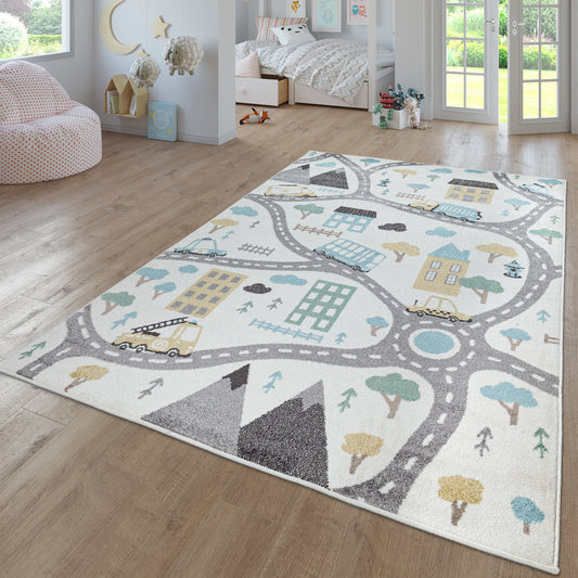Nursery Rug Nino with Town Streets and Cars Motif in Pastel Colors