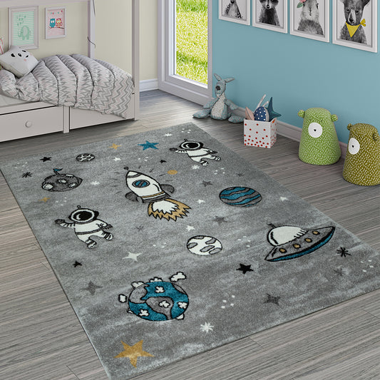 Space Rug for Kids with Astronauts & Rockets in Grey