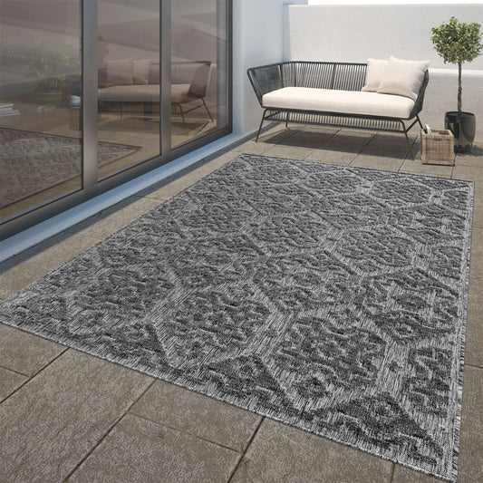 In- & Outdoor Rug Marrakesh High-Low Diamond Effect Pattern Anthracite