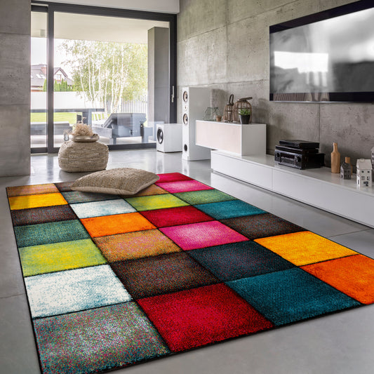 Colorful Area Rug Smaragd With Geometric Squares - Multicolor