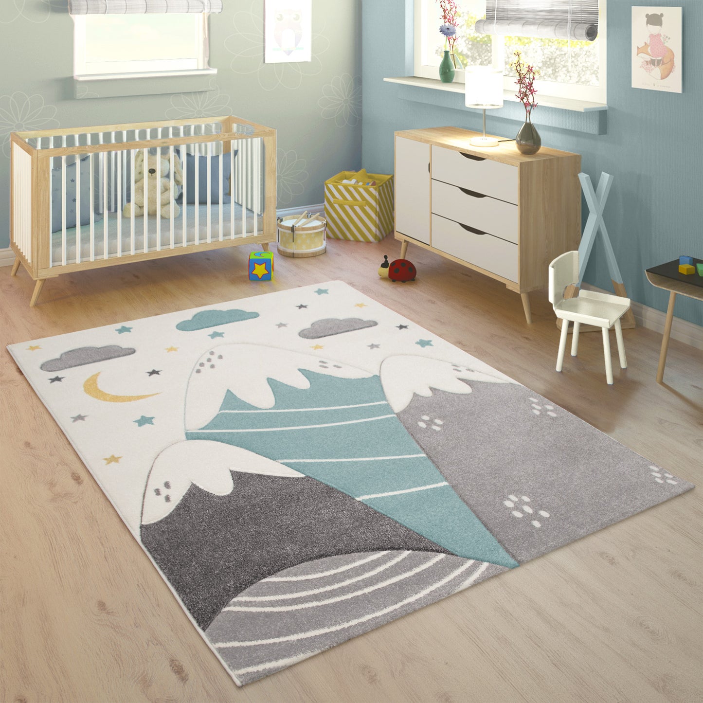 Kids Rug Cosmo for Nursery with Mountains in Pastel Blue White