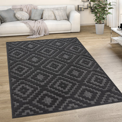 Indoor Outdoor Rug Livorno Trellis High-Low Pattern In Anthracite