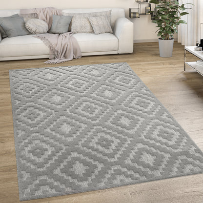 Indoor Outdoor Rug Livorno Trellis High-Low Pattern In Grey