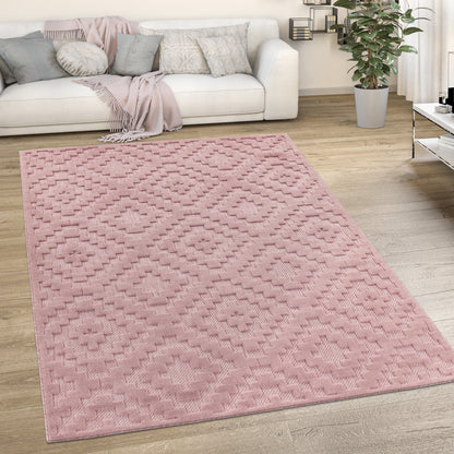 Indoor Outdoor Rug Livorno Trellis High-Low Pattern In Pink