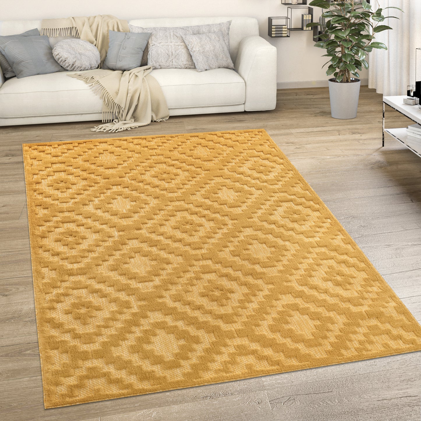 Indoor Outdoor Rug Livorno Trellis High-Low Pattern In Yellow