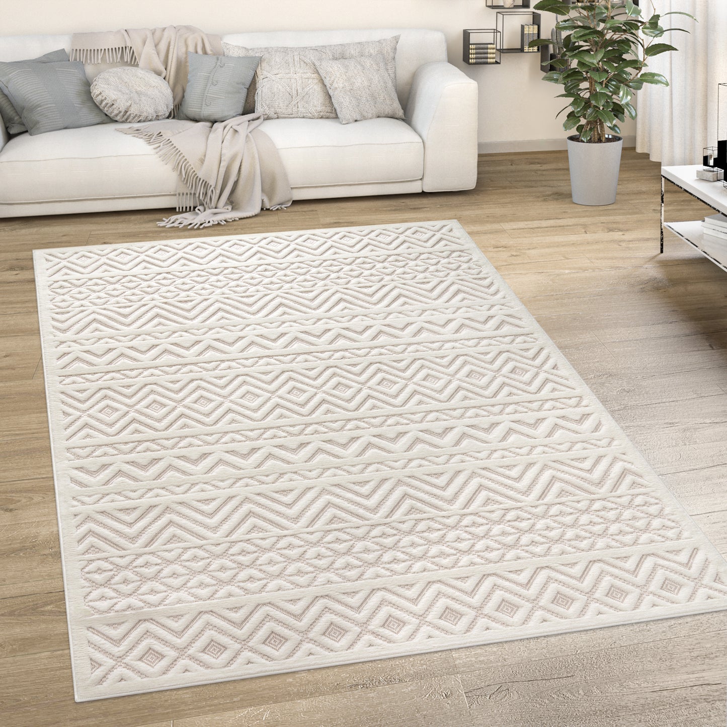 Indoor Outdoor Rug Livorno Boho High-Low Pattern In Cream