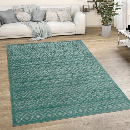 Indoor Outdoor Rug Livorno Boho High-Low Pattern In Turquoise