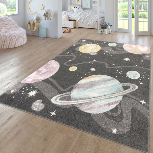 Kids Rug Nino Space with pastel colored Planets Stars in Anthracite