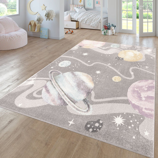 Kids Rug Nino Space with pastel colored Planets and Stars in Grey